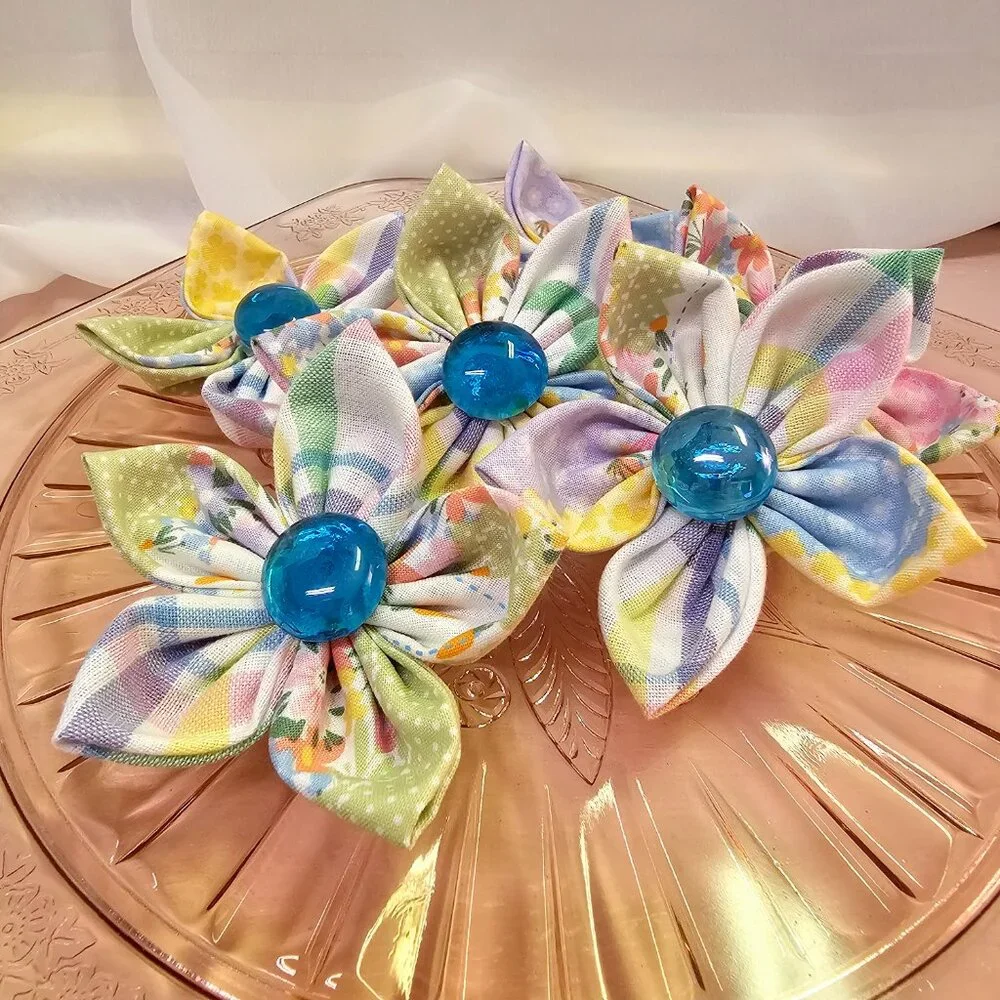 6pc Joyful Garden Fabric Flower Set, Bright & Colorful Pastels, Blue Centers